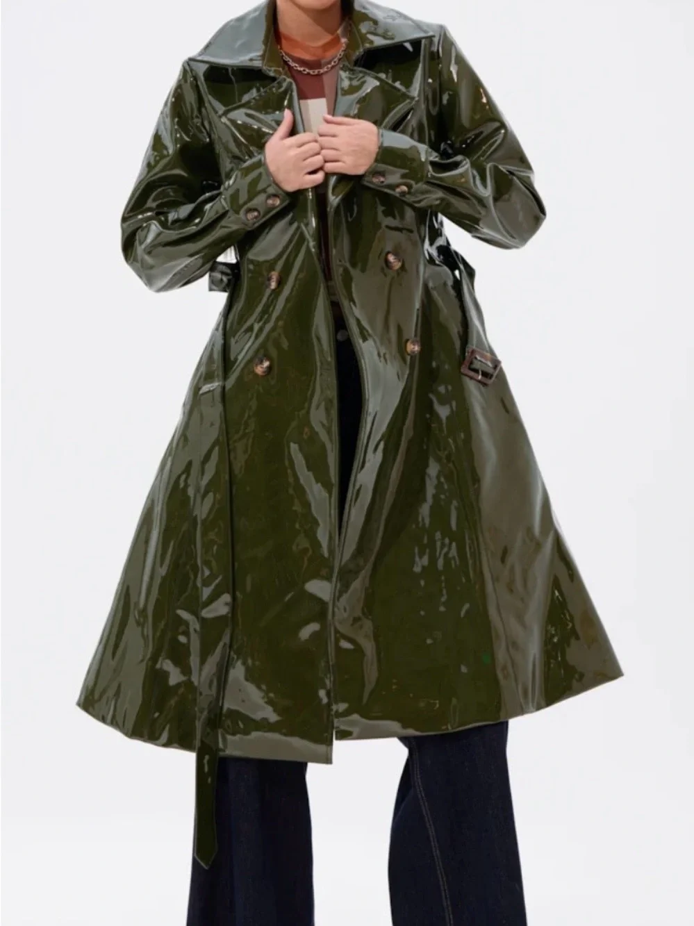 AKIRA MITICA PATENT TRENCH IN OLIVE Size LL - Picture 3 of 6